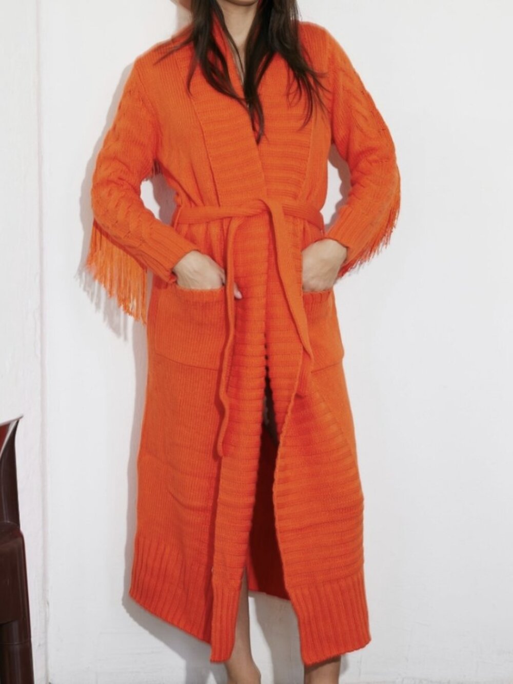 Understated Leather Rodeo Robe Cardigan Tangelo Orange Fringe Sz Medium / Large